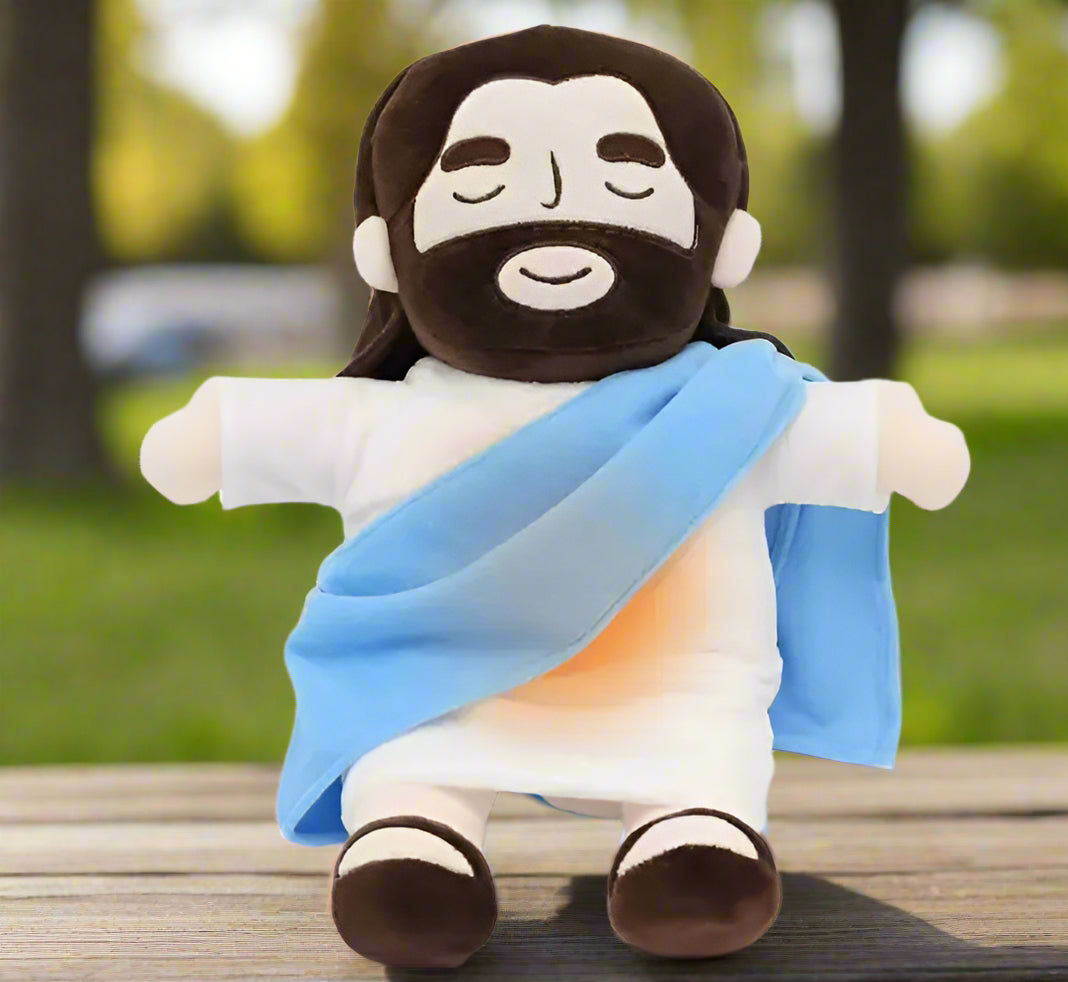 Plush toy resembling a historical figure with a blue garment on a white background